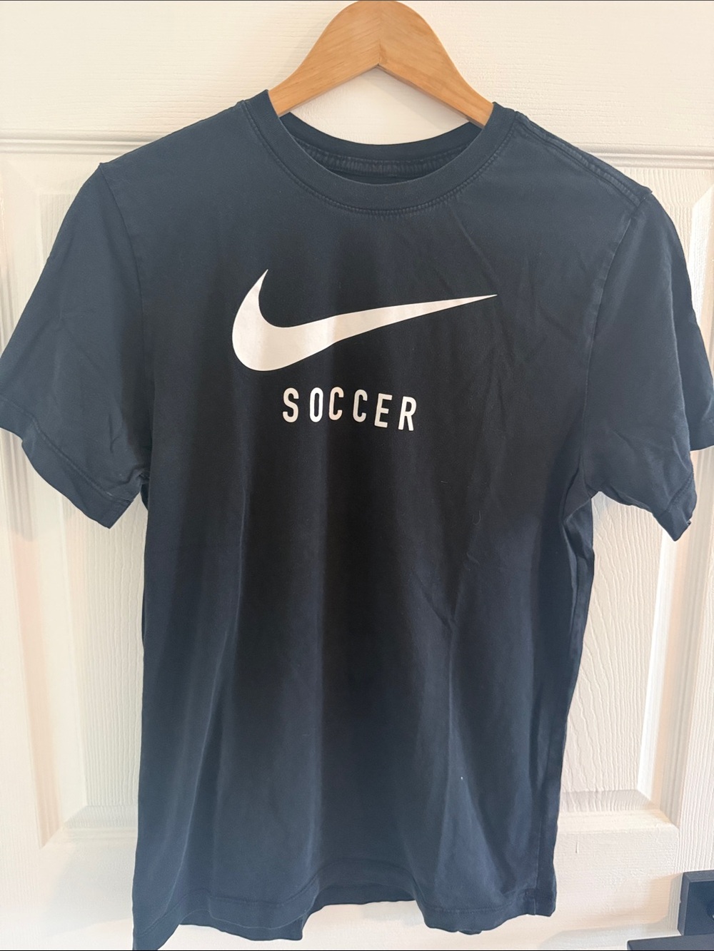 Nike Black Tee with White Swoosh and Soccer Print